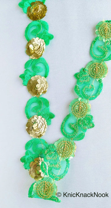 Wholesale Green Trim, Tissue Fabric Cutwork Floral Embroidery & Gold Sequins Approx. 40mm Wide, Trim By 9 Yards Indian Sequins Border